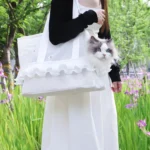 Lightweight Breathable Pet Shoulder Bag Summer Mesh Carrier for Small Pets Fashion Ruffled Mesh Pet Tote Bag