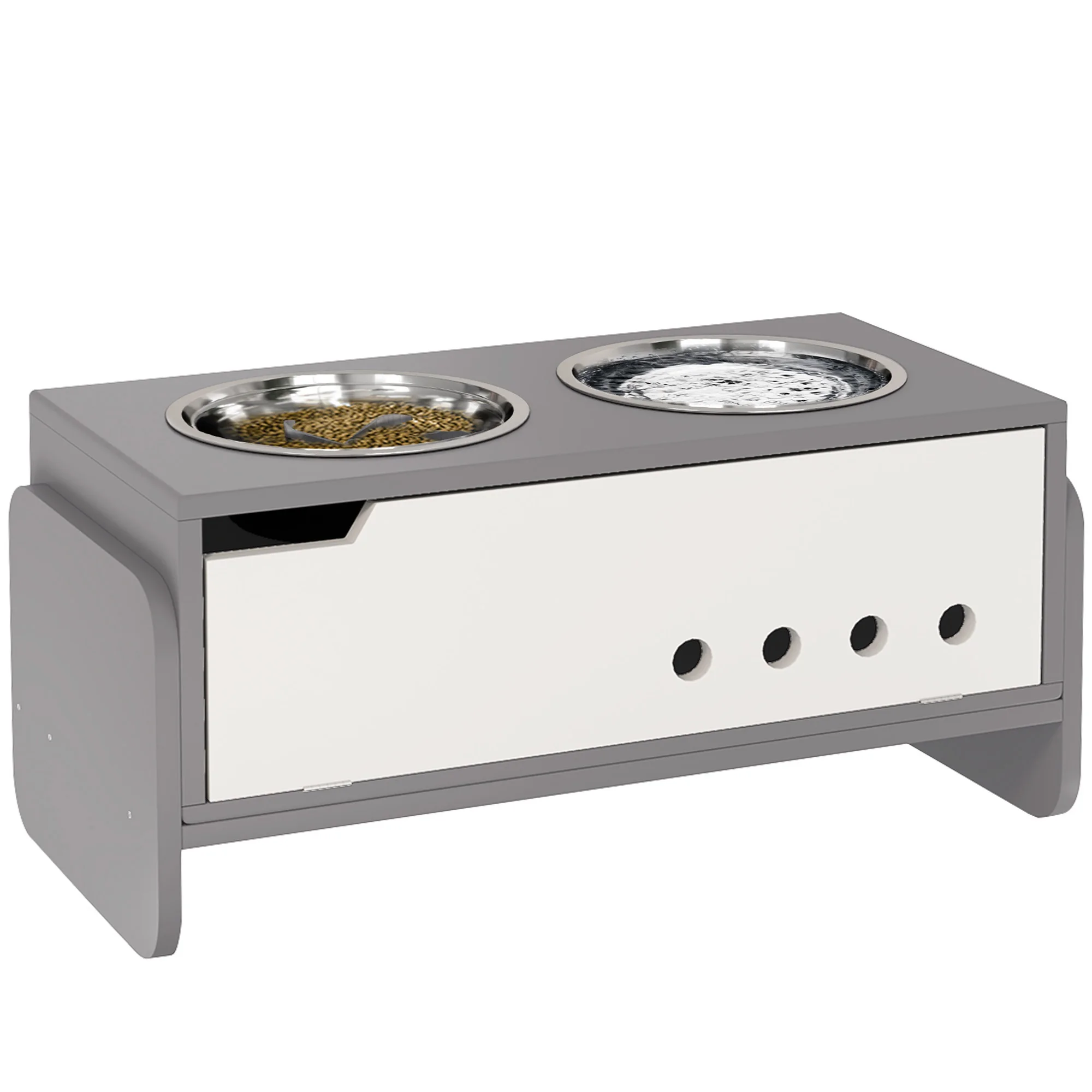 S45df15aab23c4b928809c53f1a7e26d7l.webp Raised Dog Bowls with Stand, 3 Height Adjustable Dog Feeding Storage Station with Slow Feeder Mat, 2 x 2000mL Stainless Steel - Image 1